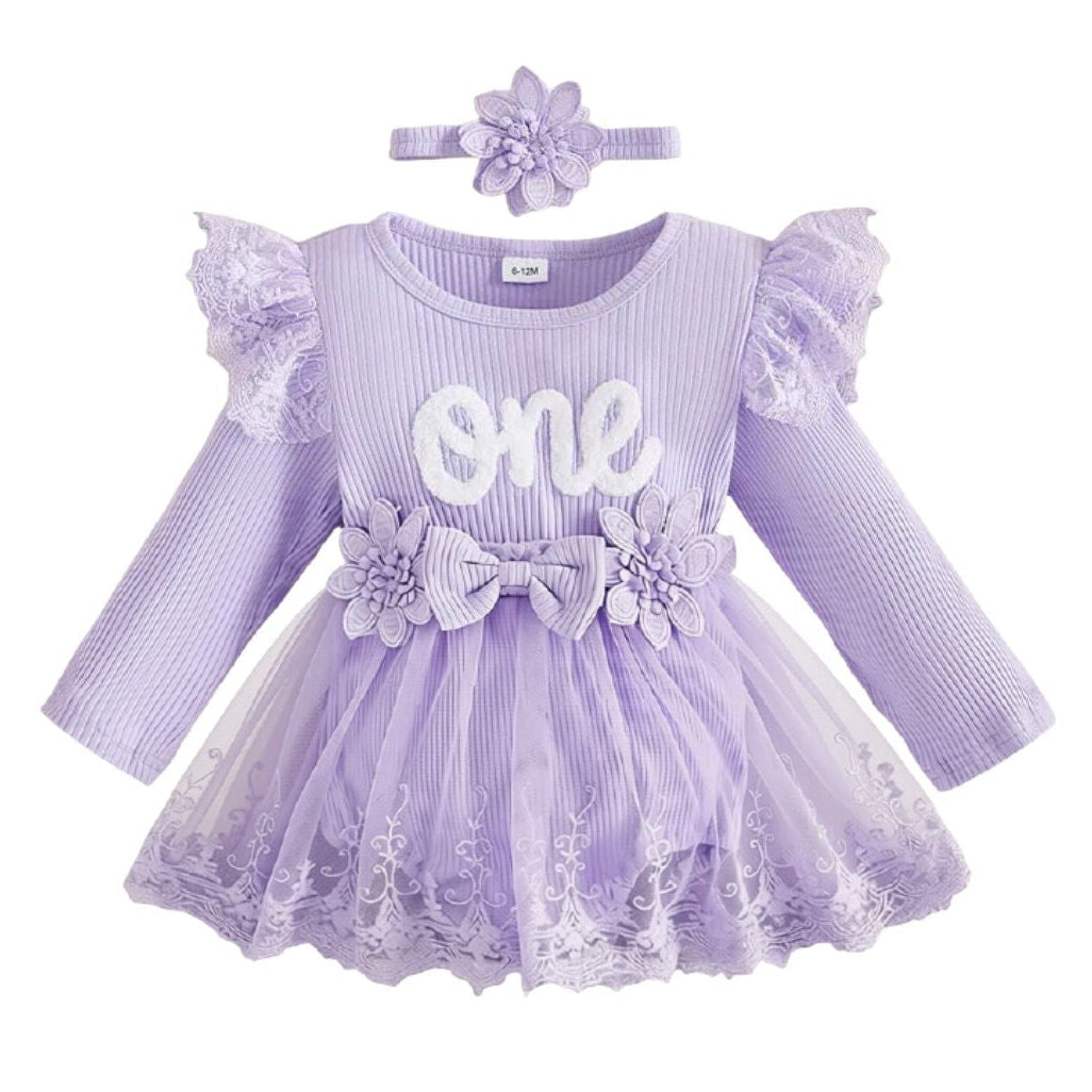 One Floral Romper Dress baby girl first birthday outfit in purple