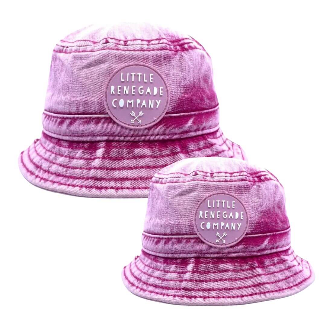 Matching pink denim bucket hats for mum and baby by Little Renegade Company