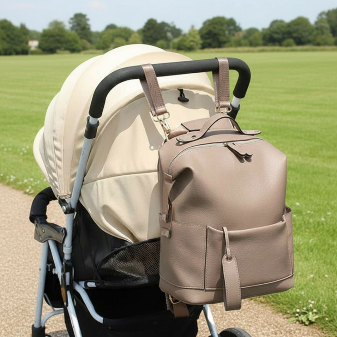 Penelope Nappy Bag in camel - attached to pram