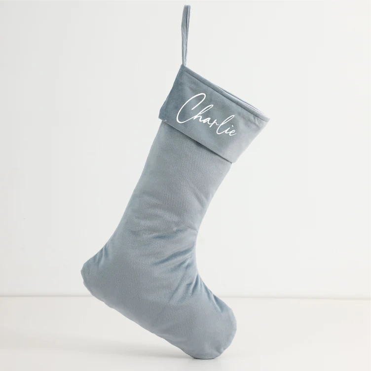 Personalised Velvet Christmas Stocking in soft blue
