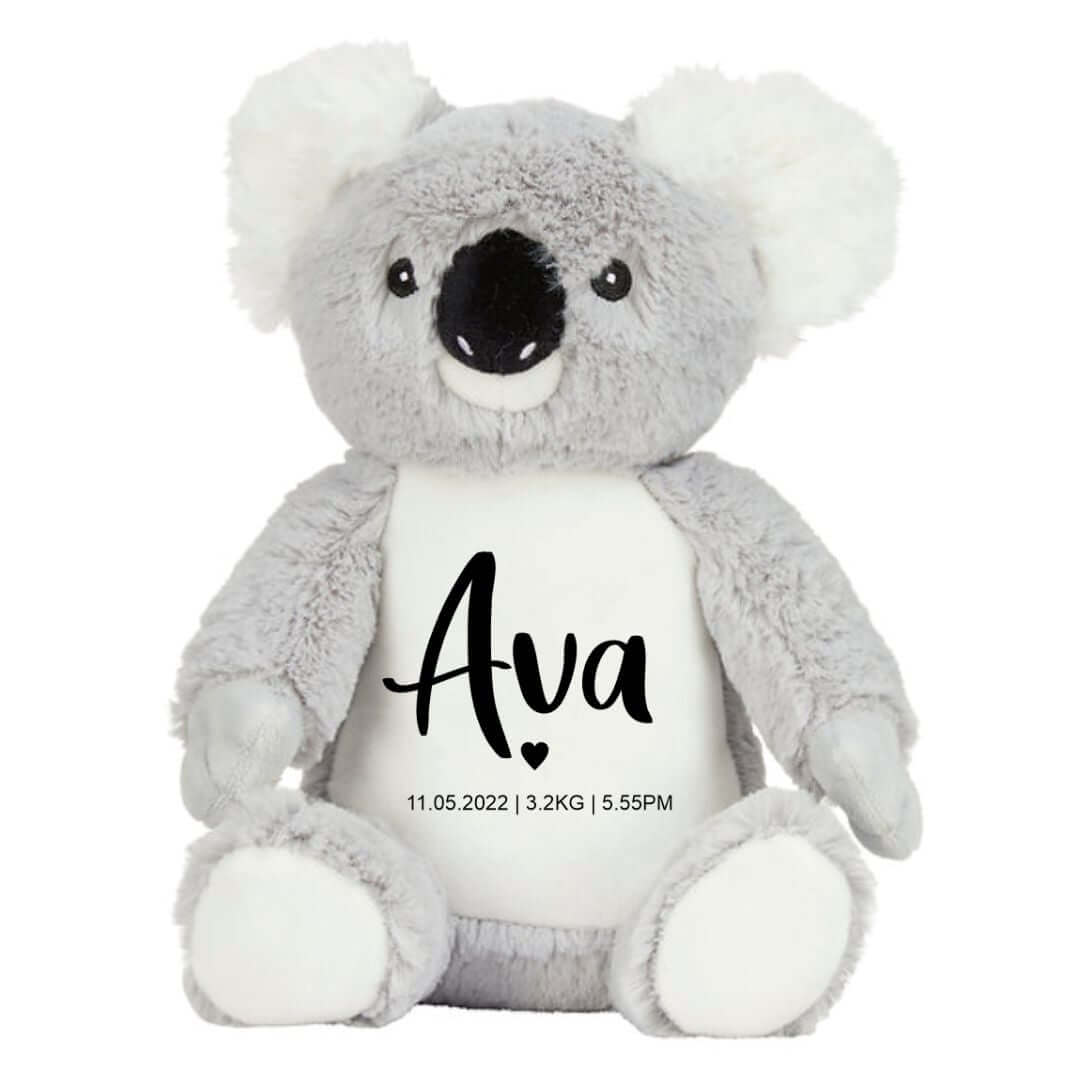 Personalised koala plush toy customised with baby's name and birth details