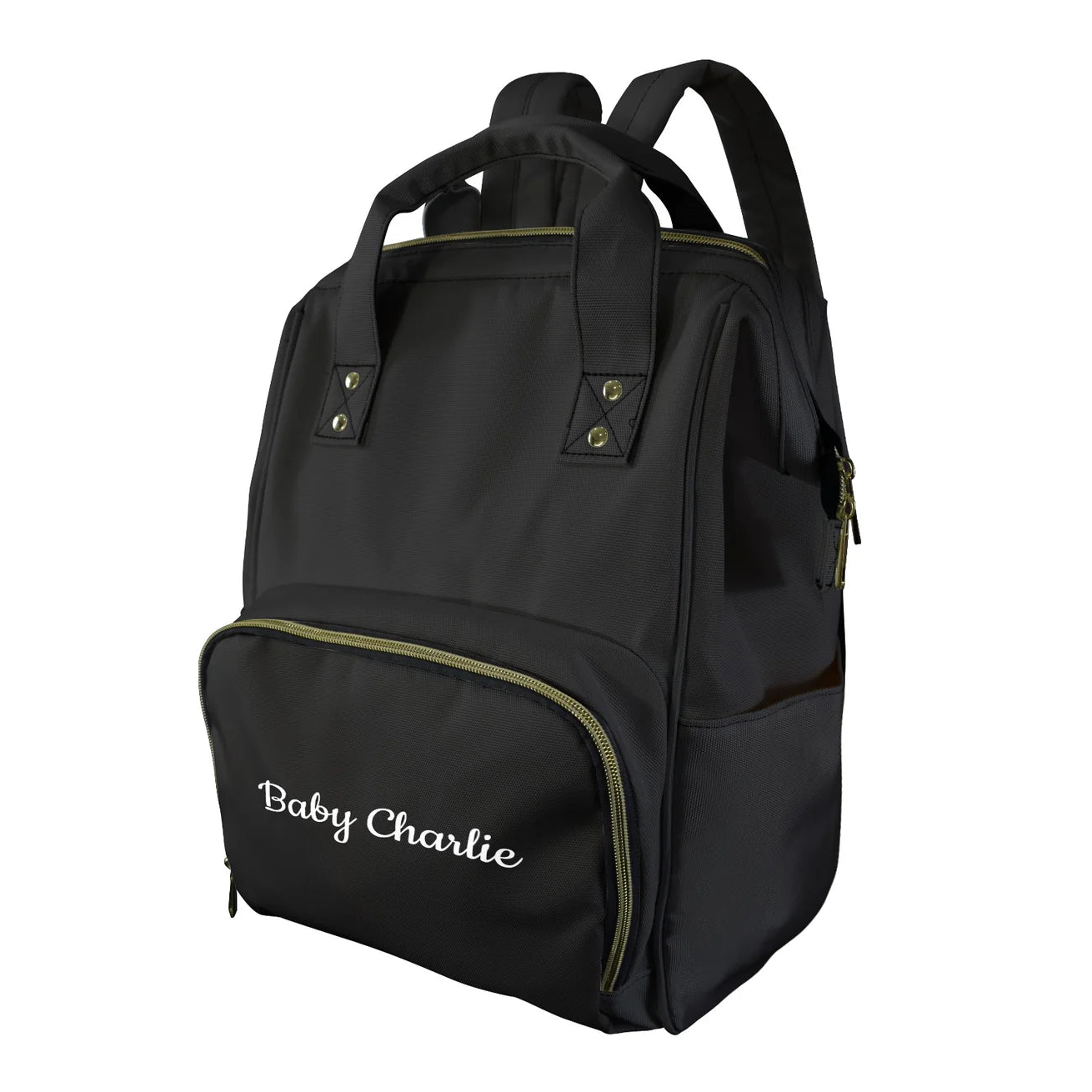 Black personalised nappy backpack with baby's name on front pocket