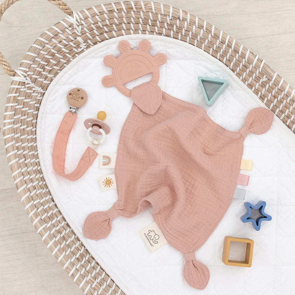 Personalised silicone comfort teether in rose with soft muslin comforter and sensory toys