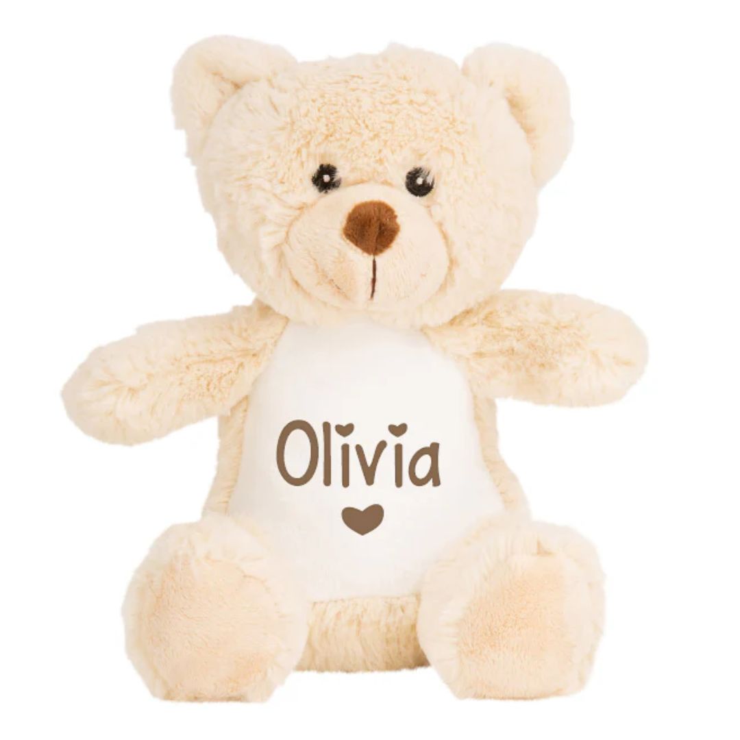 Cream teddy bear personalised with baby's name and heart
