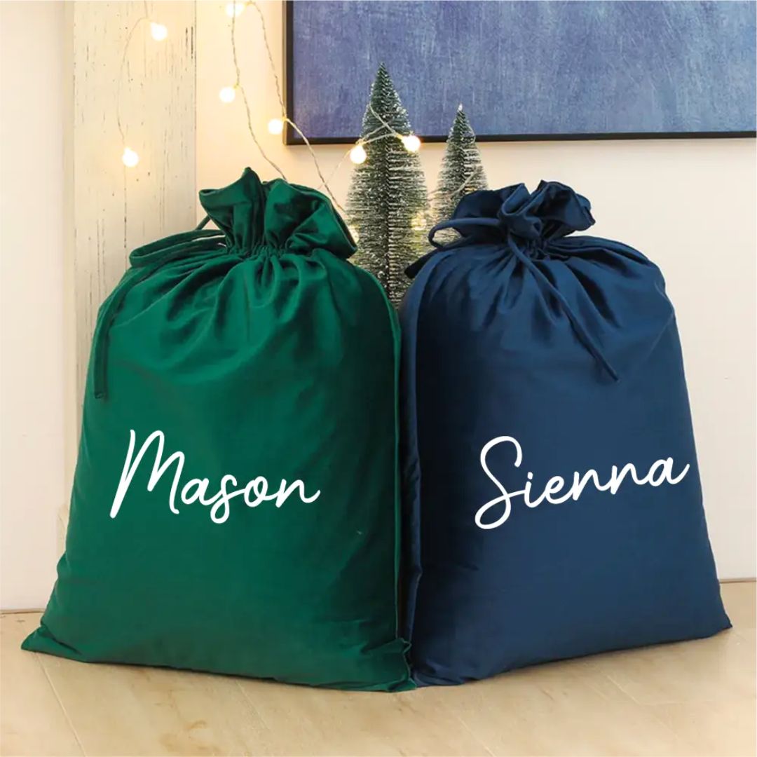 Personalised Santa Sack Green & Navy | Velvet Kids Christmas Sack - Lulu Babe