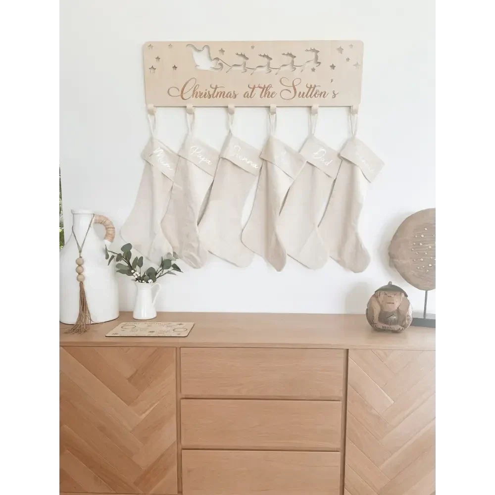 Personalised Velvet Christmas Stocking display with festive décor