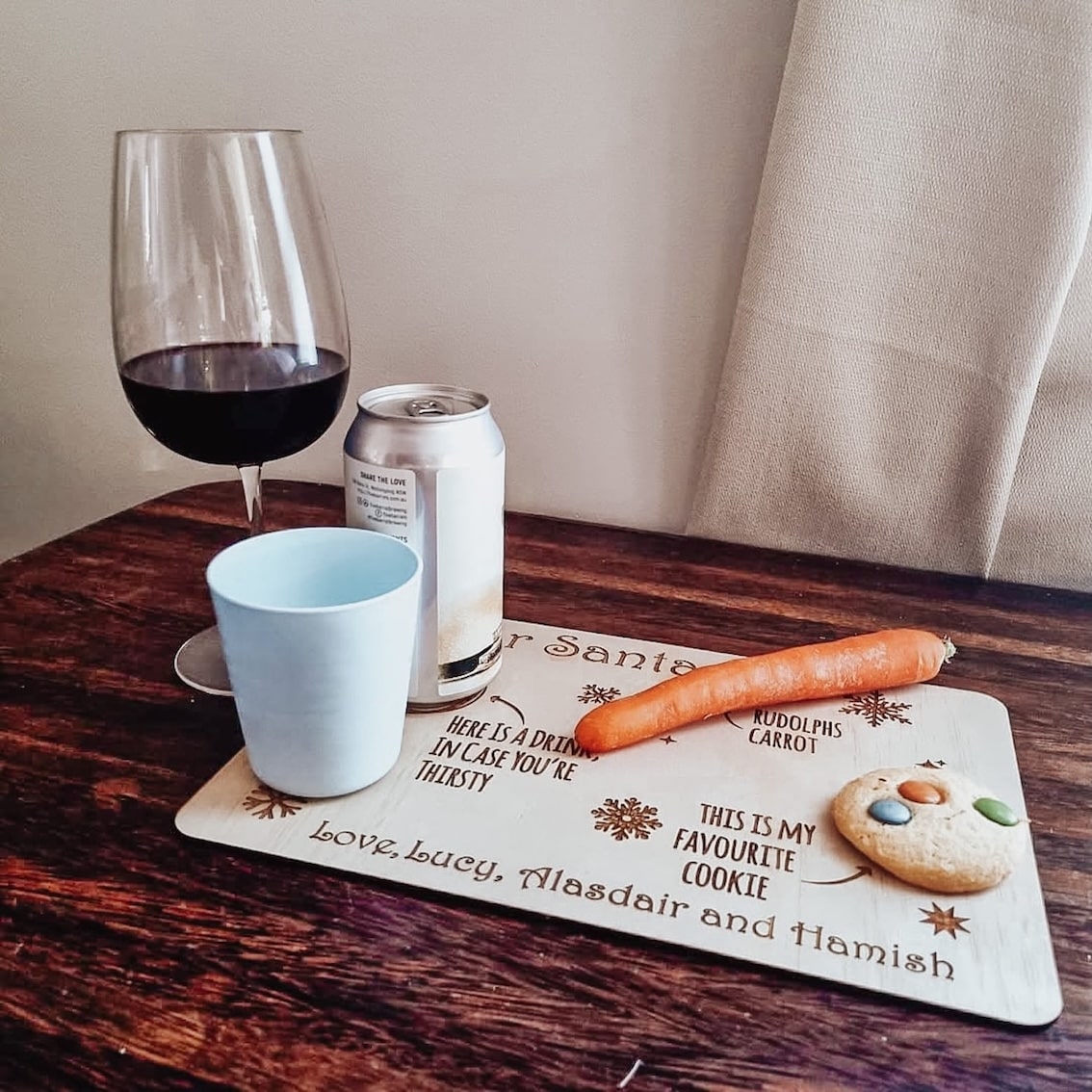 Wooden tray for Santa, personalised with kids names, with beer, wine, carrot for reindeer and cookie