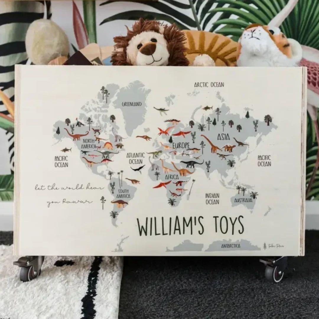 Personalised Wooden Toy Box featuring a world map design with Dinosaurs