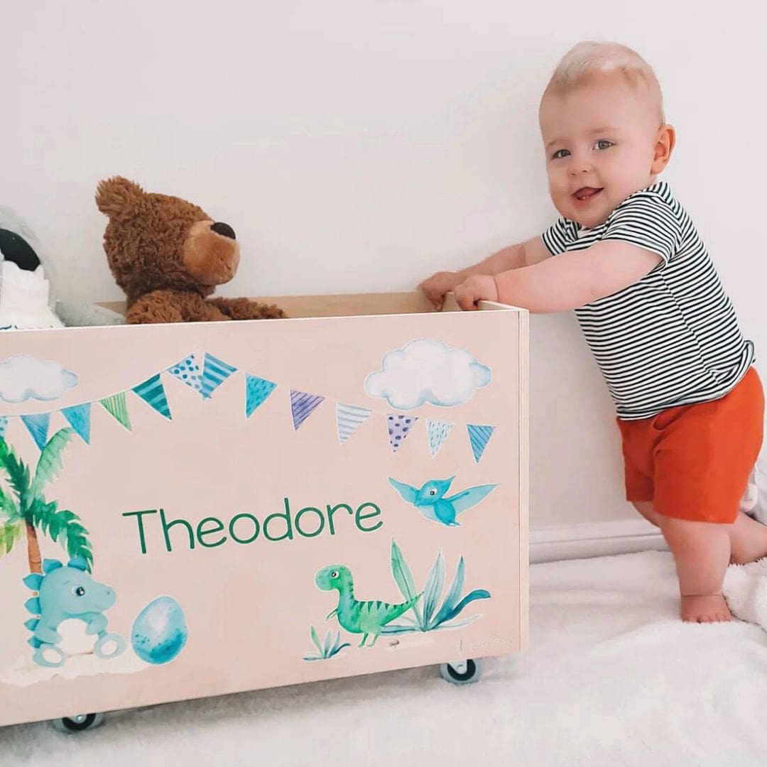 Personalised Wooden Toy Box with boy's name Theodore, featuring fun dinosaur design