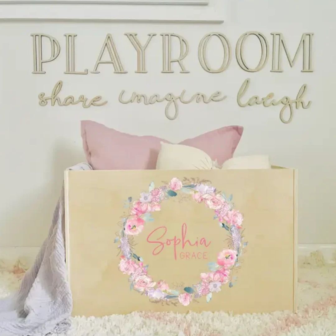 Personalised Wooden Toy Box with floral design