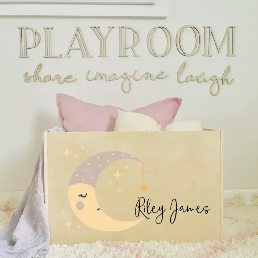 Personalised Wooden Toy Box with a moon design,