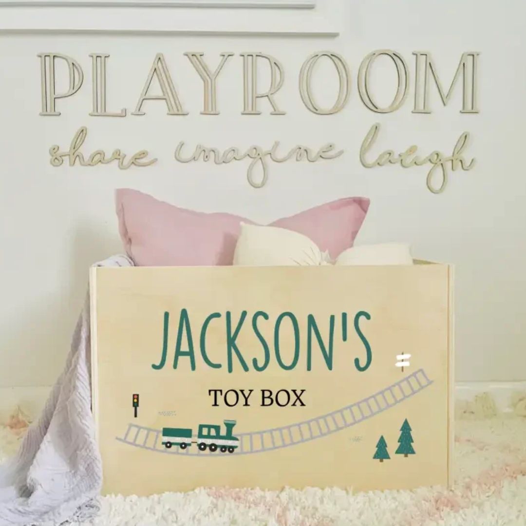 Personalised Wooden Toy Box with boy's name and playful train design