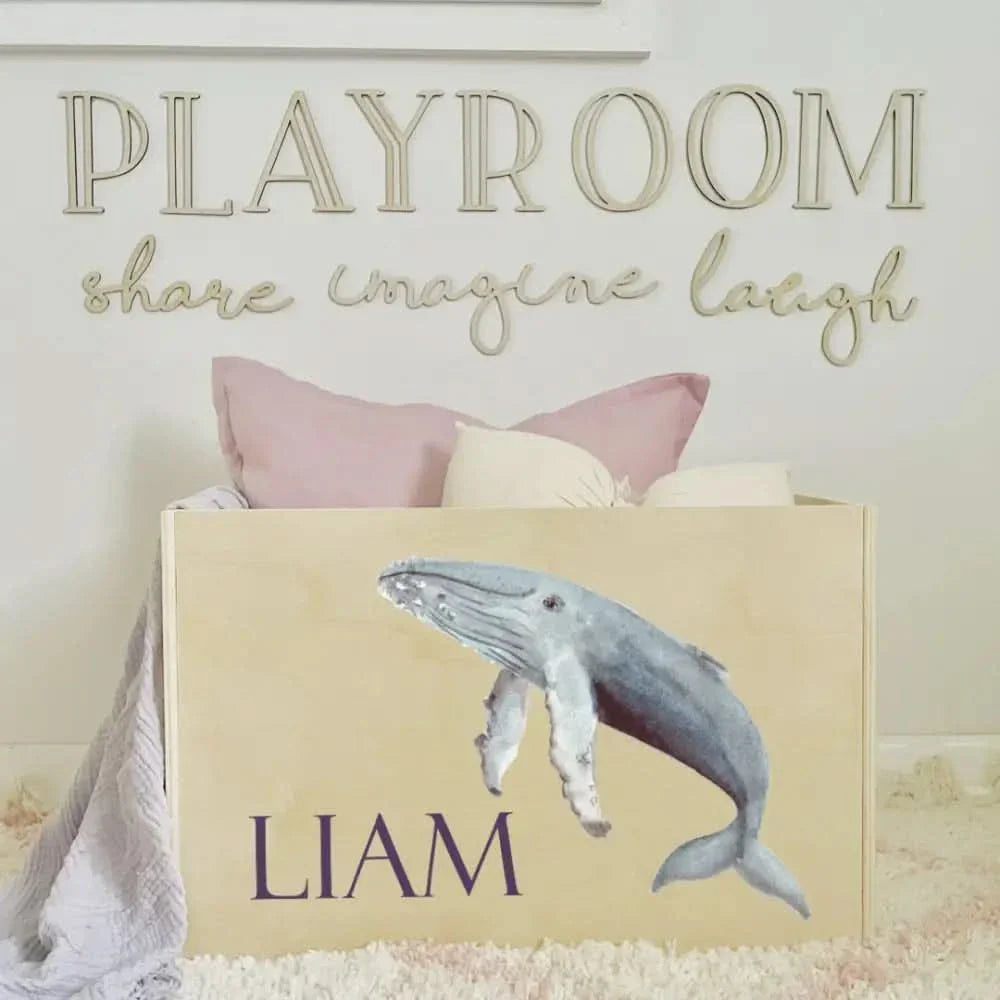 Personalised Wooden Toy Box featuring whale design