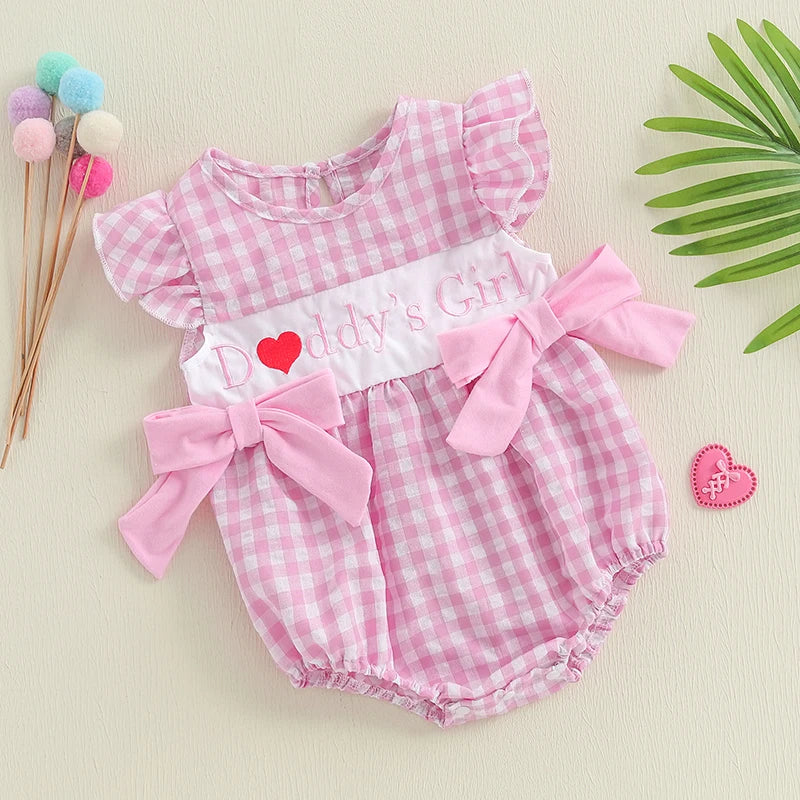 Daddy's Girl pink gingham romper with flutter sleeves and bows