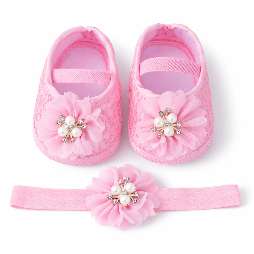Pink floral lace baby shoes and matching headband set with pearl and diamante flower detail