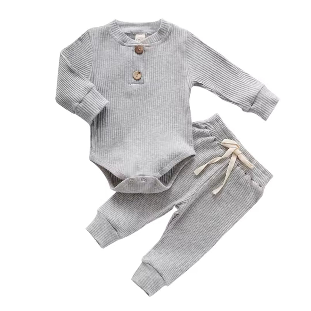 Baby outfit - ribbed long sleeve bodysuit & pants in grey - Lulu Babe