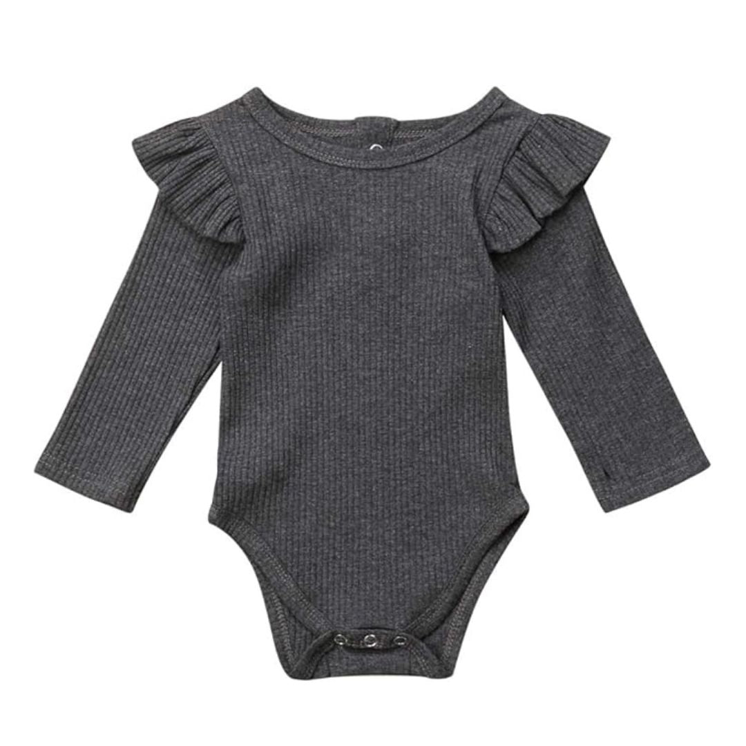 Ribbed Long Sleeve Flutter Romper in dark grey