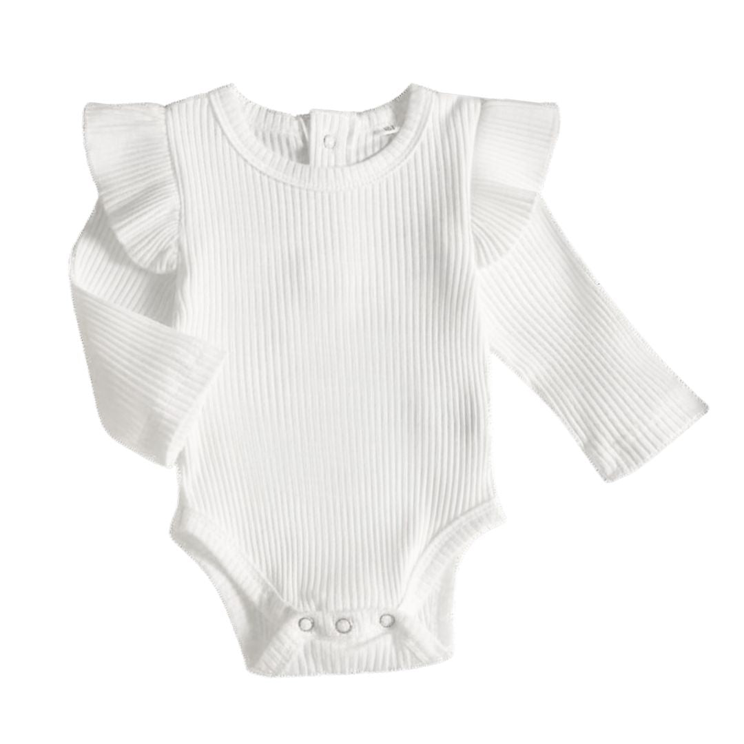 Ribbed Long Sleeve Flutter Romper in white