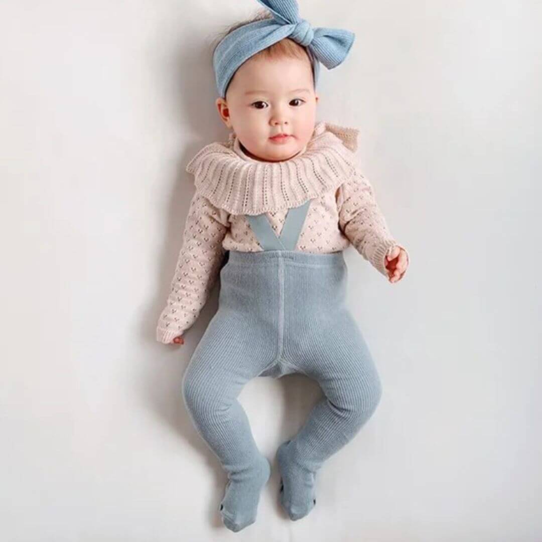 Baby wearing grey ribbed suspender tights - Lulu Babe