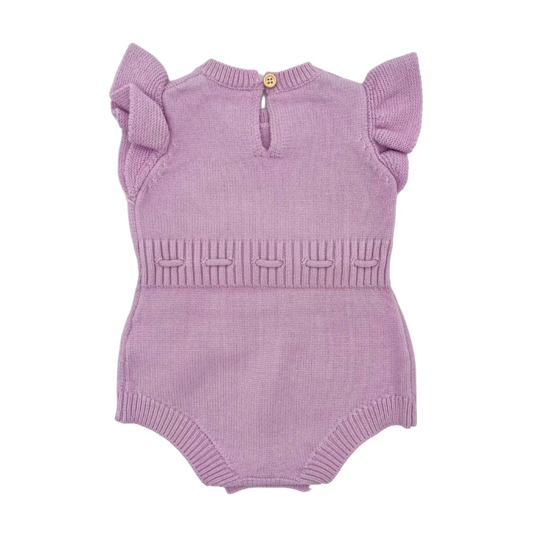 Purple ruffle knit baby girl romper - back