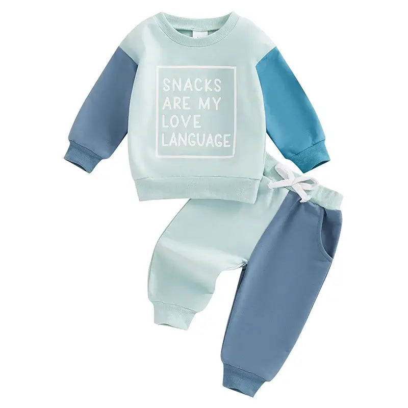 Snacks Are My Love Language baby tracksuit set in blue