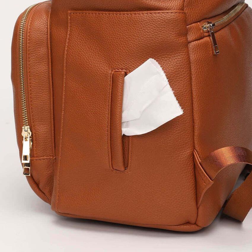 Sofia tan nappy bag  - closeup of wipes pocket