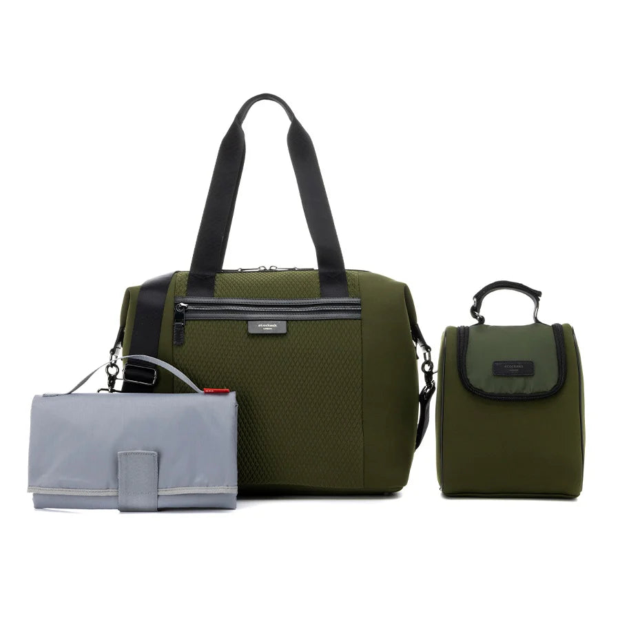 Storksak Stevie Luxe Nappy Bag in green with changing mat and insulated bottle holder