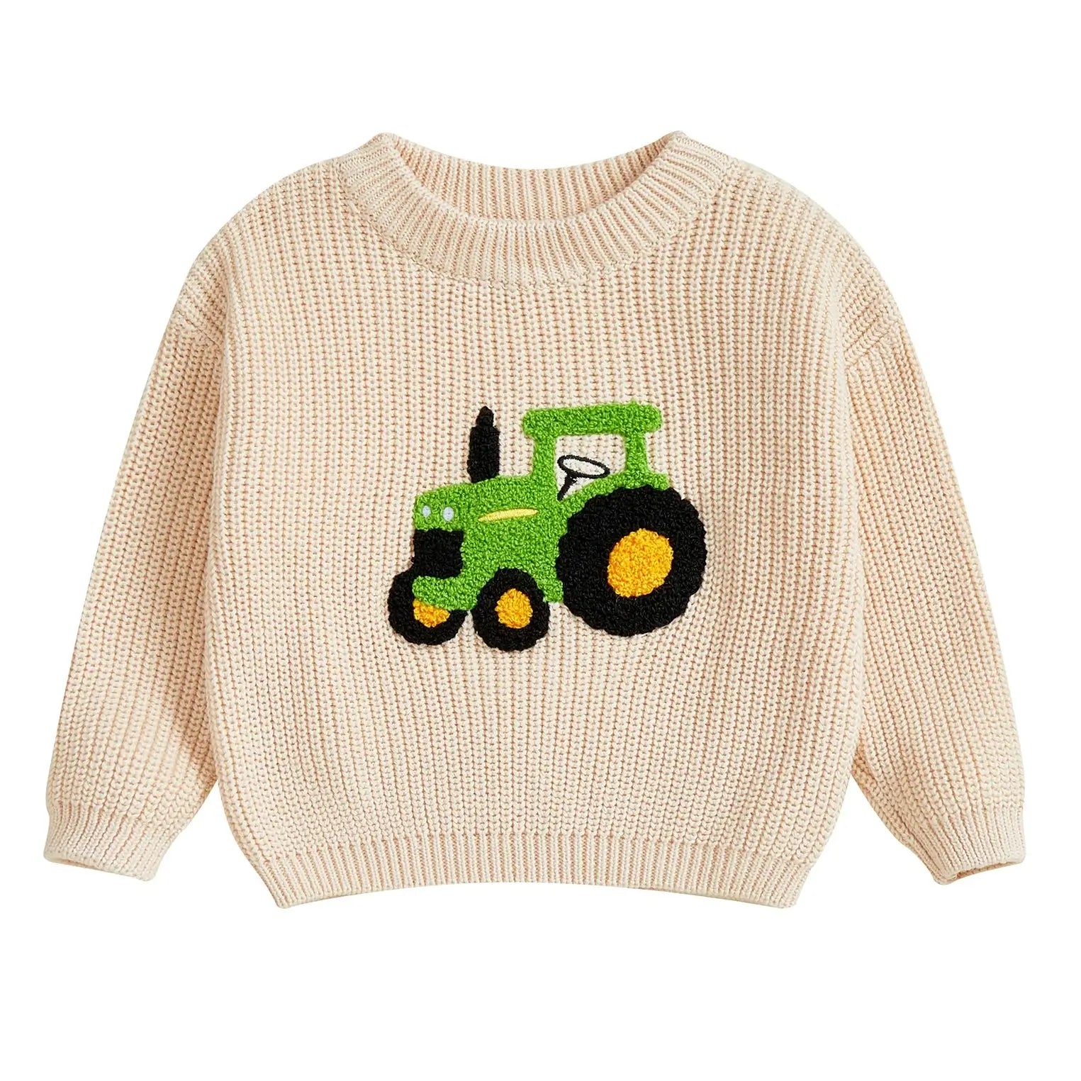 Cream chunky knit baby jumper with large green and yellow chenille tractor appliqué