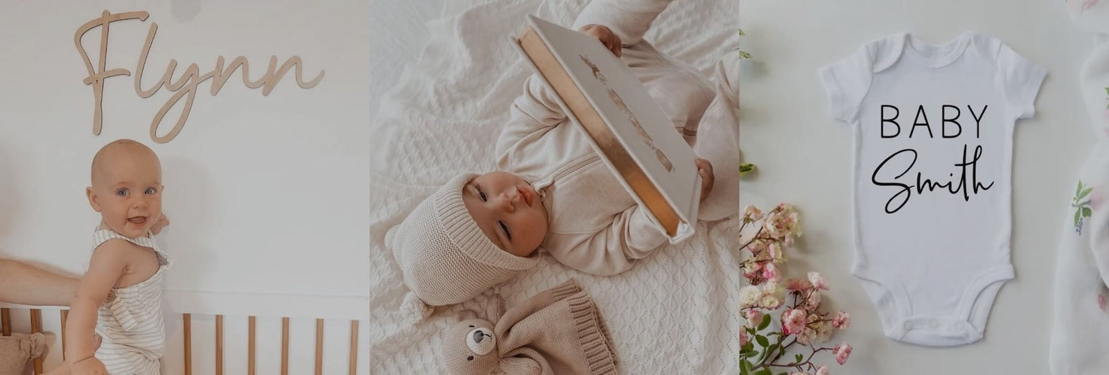 Baby gift collection - collage of personalised baby gifts, including a wooden name sign, memory book & customised baby onesie from Lulu Babe