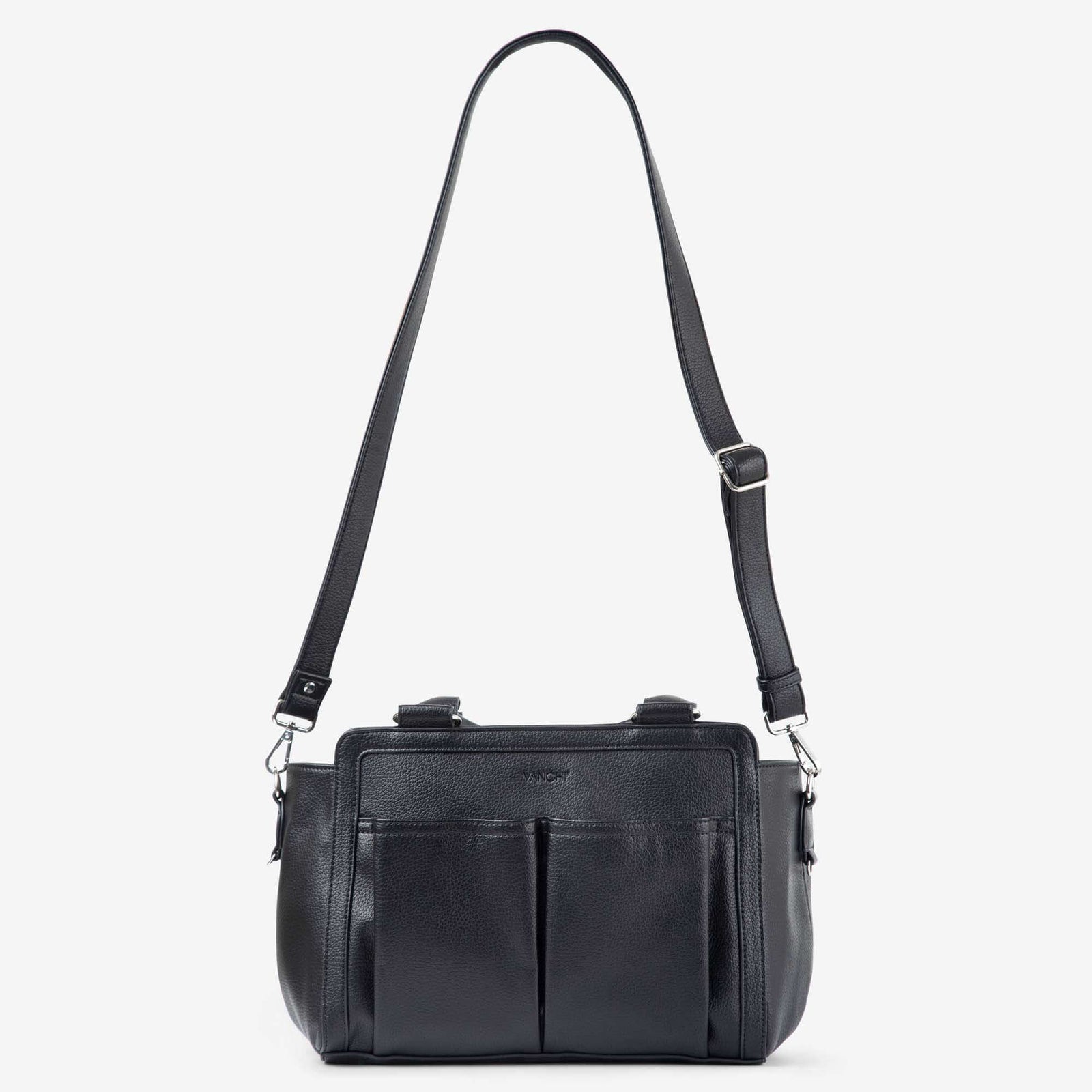 VANCHI Amelia convertible pram caddy and shoulder handbag with long strap, in black