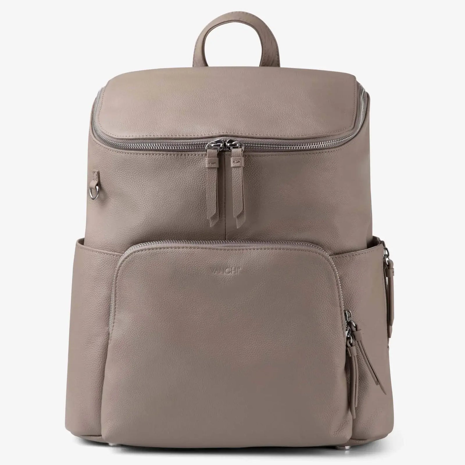 VANCHI Frankie genuine leather nappy backpack in taupe – front view
