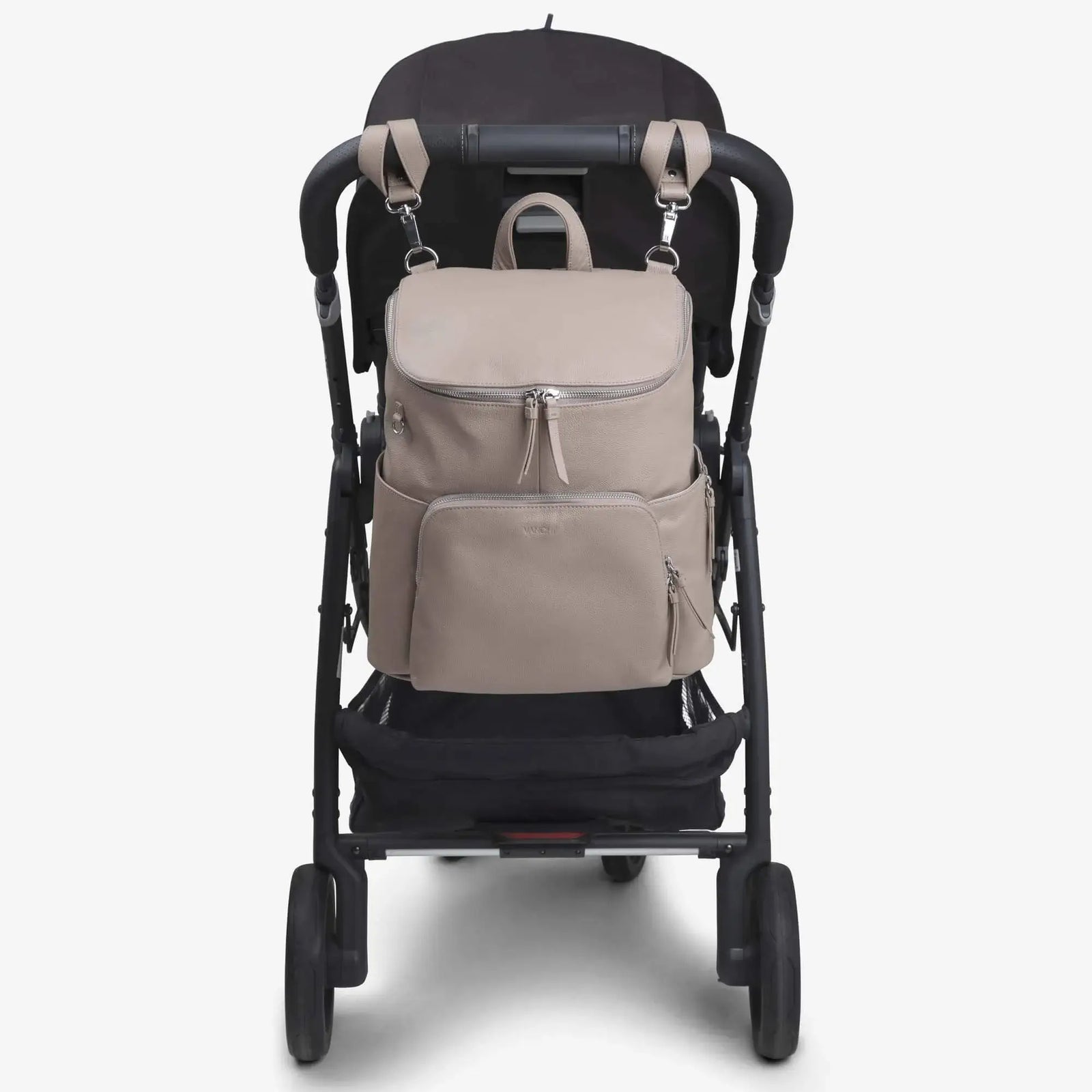 VANCHI Frankie taupe nappy backpack attached to a pram with pram clips (sold separately)