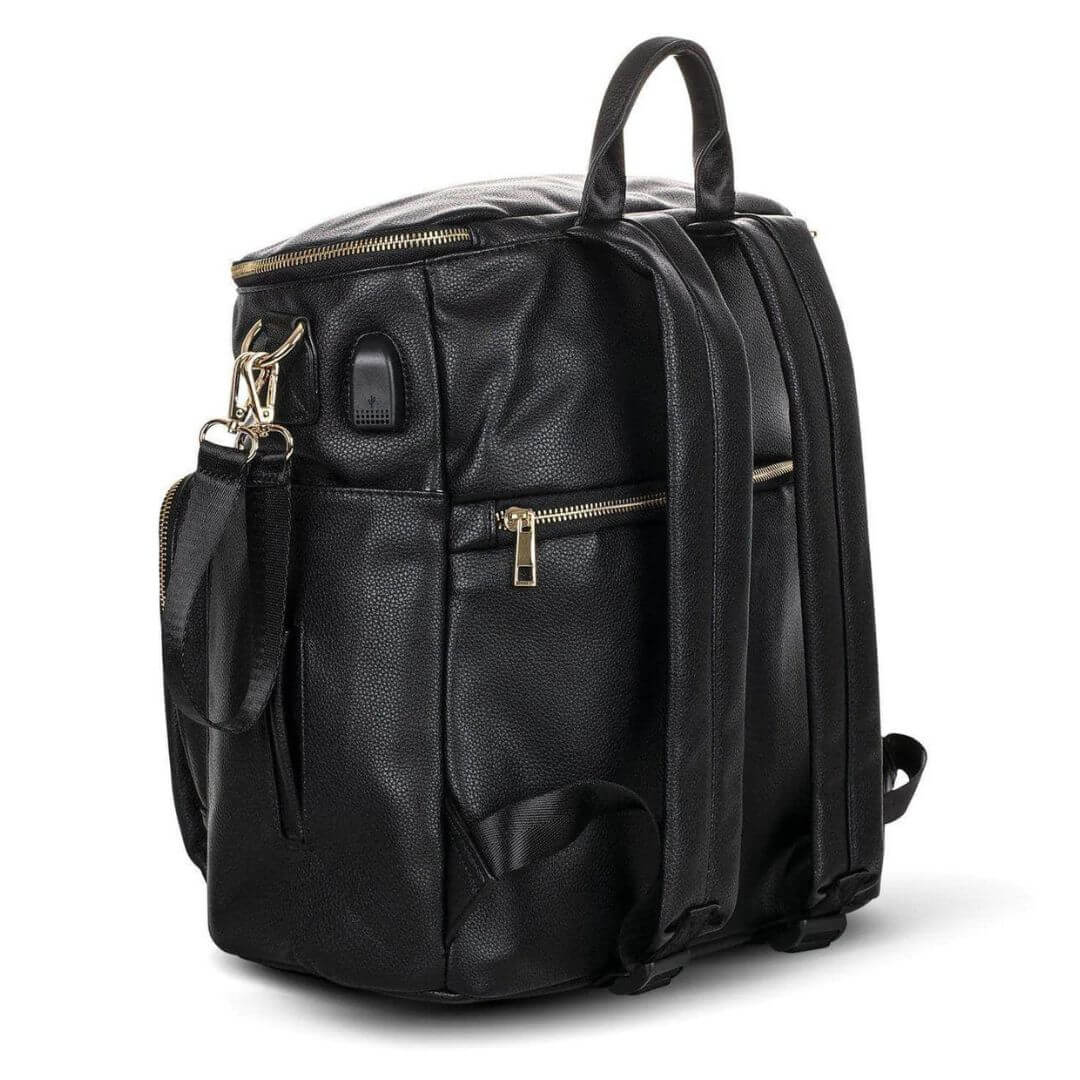 Angled view of vegan leather baby bag in black