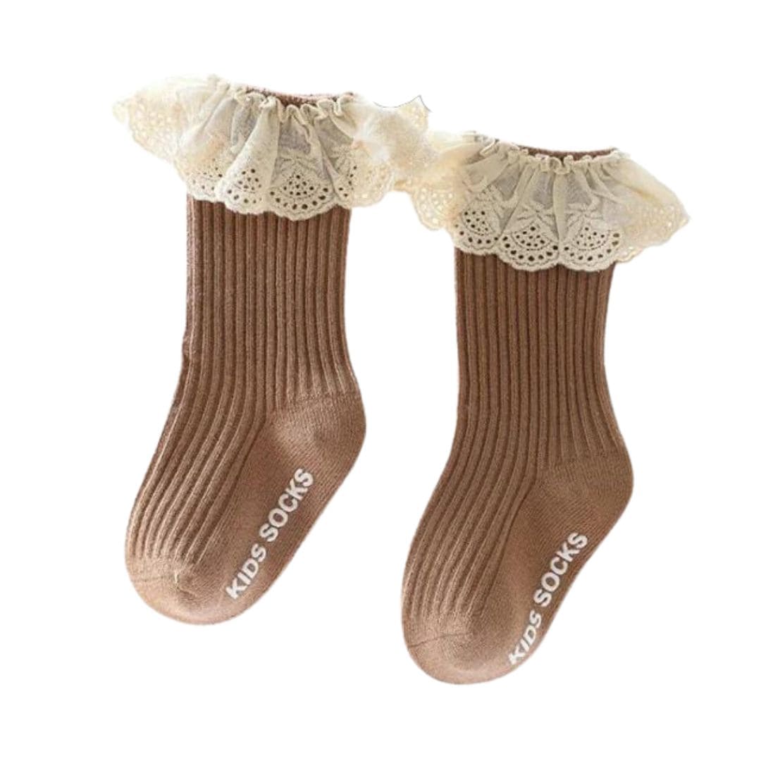 Vintage lace baby socks with ruffle trim in brown