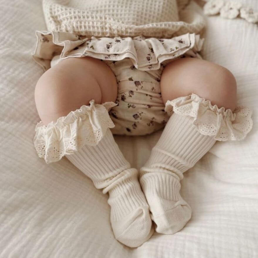 Vintage Ruffle Baby Socks Beige | Boho Frilly Socks - Lulu Babe