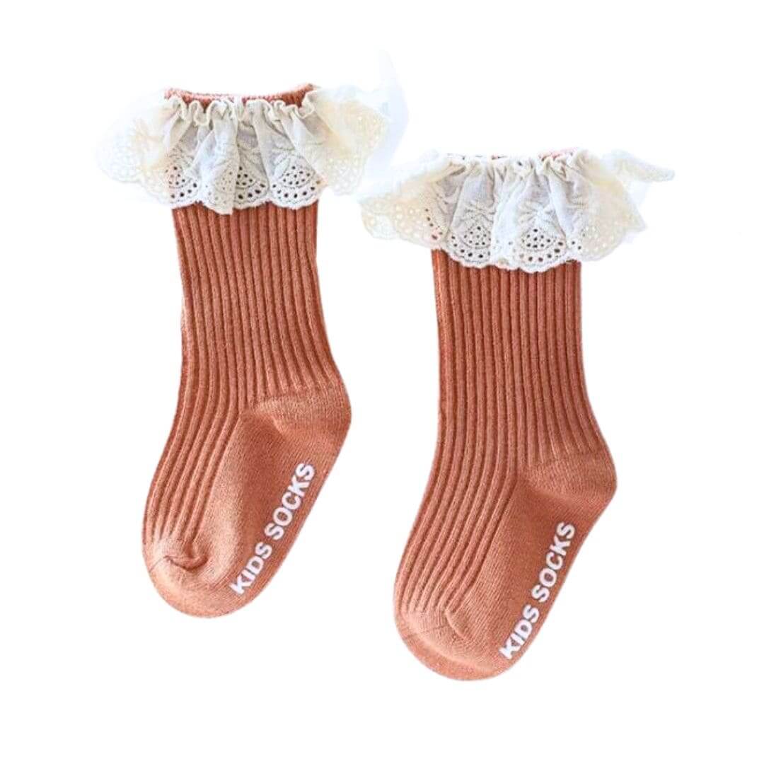 Vintage lace baby socks with ruffle trim in terracotta