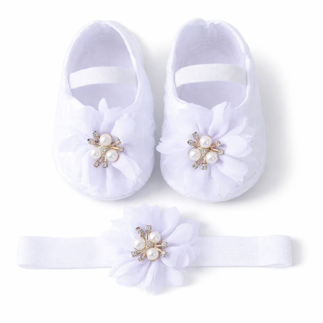 White floral lace baby shoes and matching headband set for baptism or christening