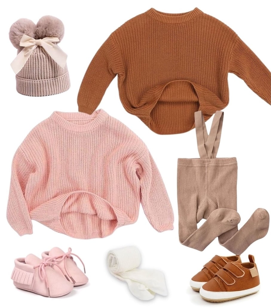 Flat lay of cosy winter baby clothes, knit jumpers, tights and beanies