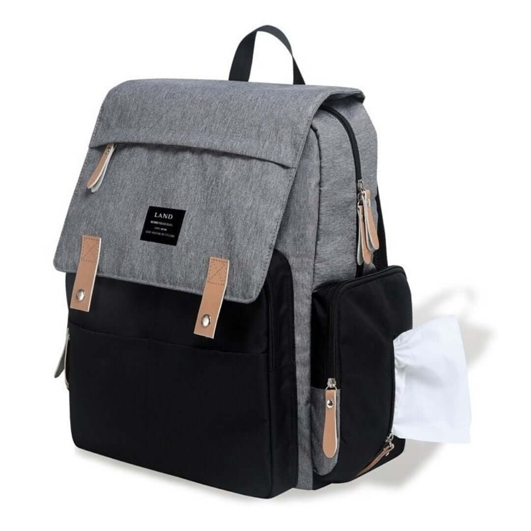 LAND Nappy Backpack in grey and black showing side wipes pocket