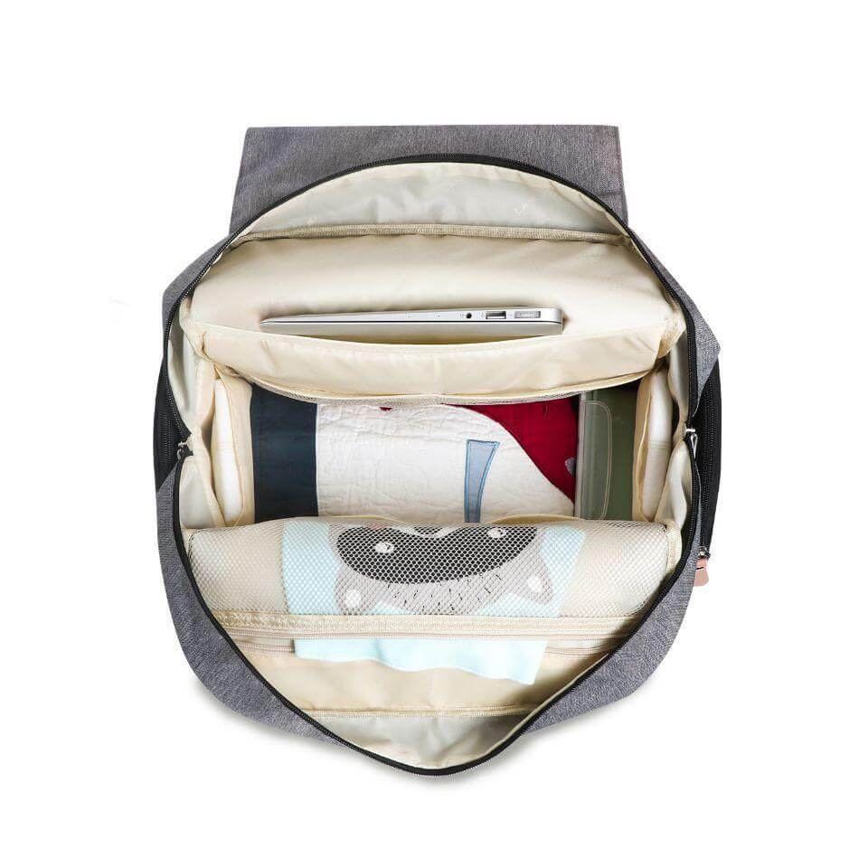 LAND Nappy Bag  in grey and black - showing spacious interior and pockets