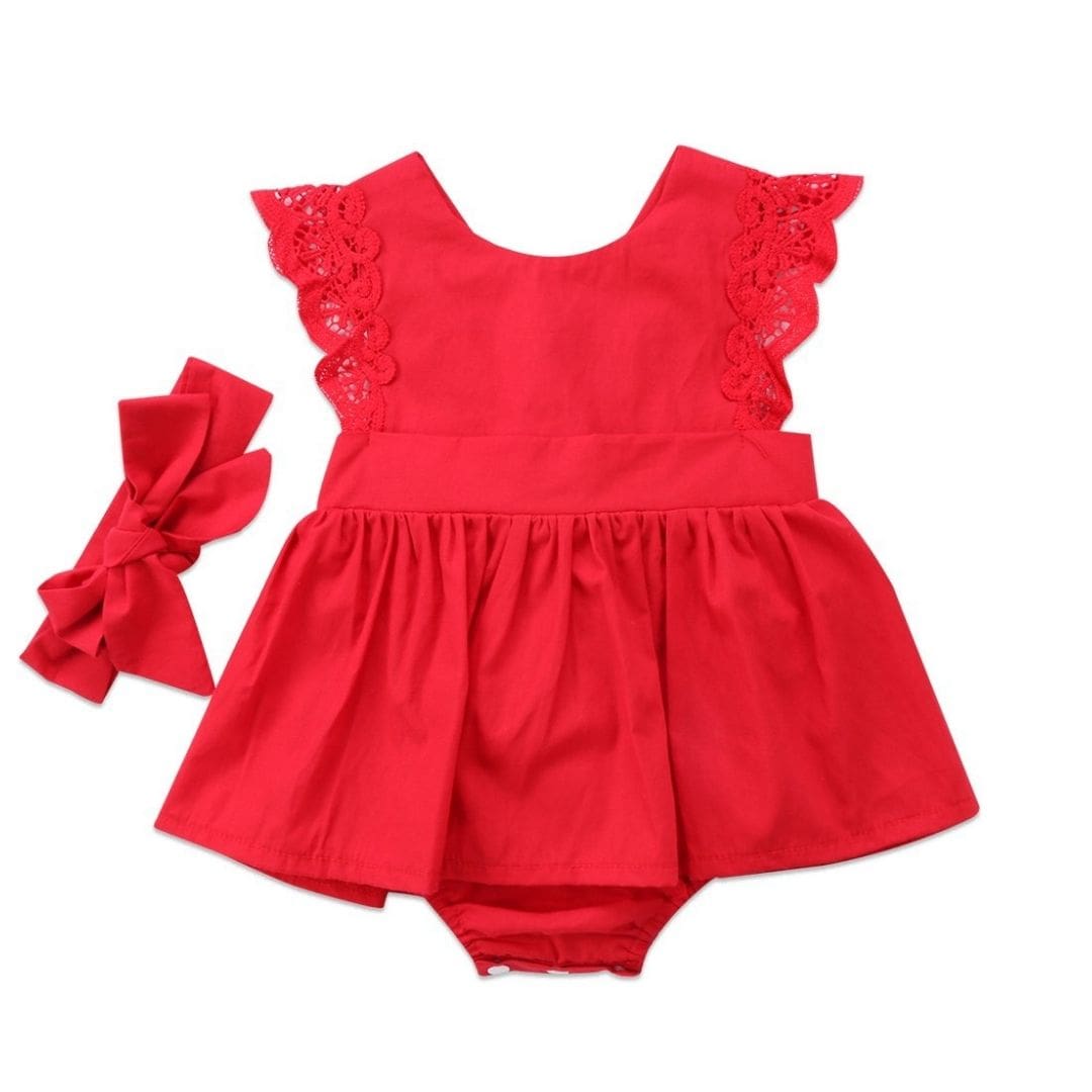 Red Lace Baby Romper Dress | Peplum Romper with Matching Headband - Lulu Babe