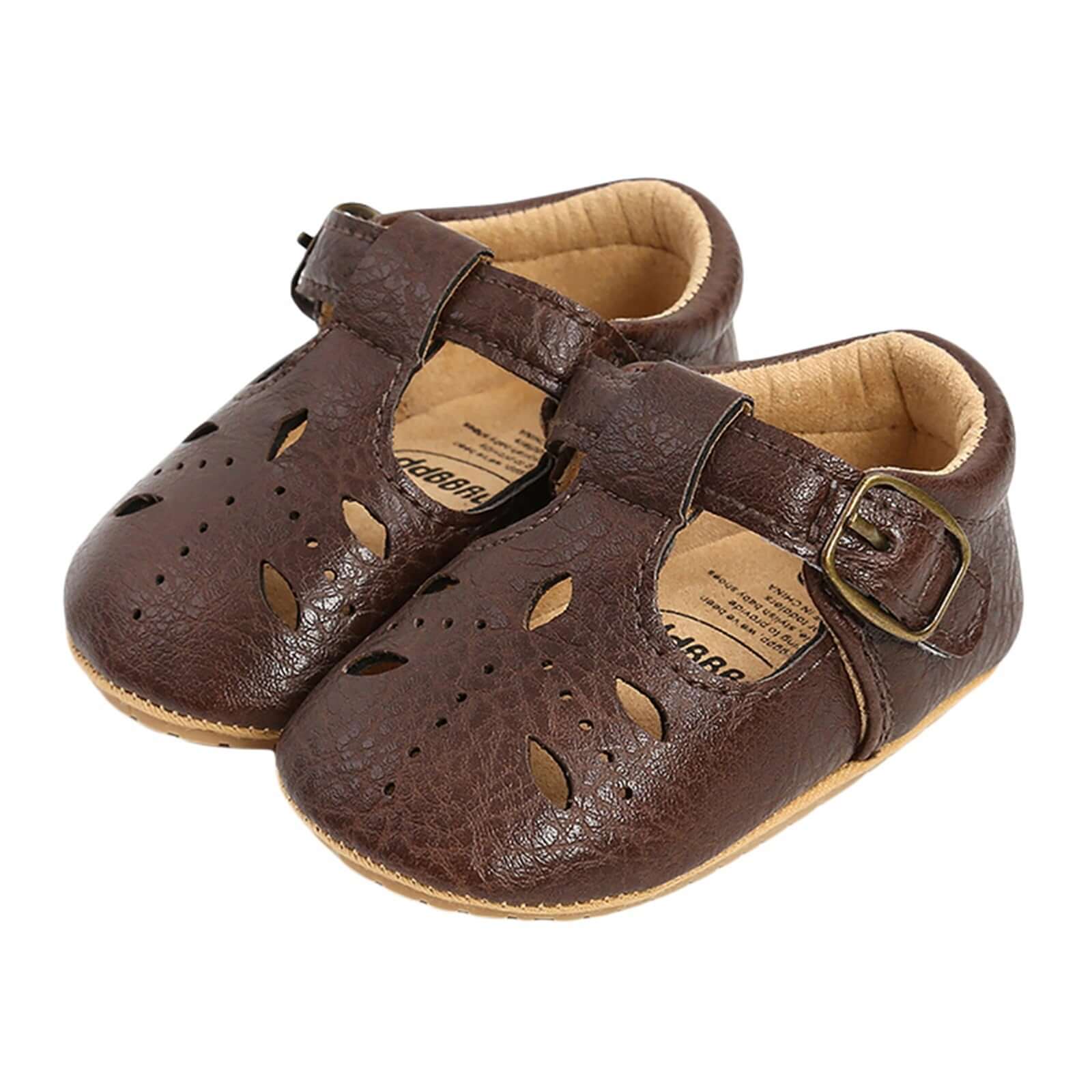 Cutout T-Bar Baby Shoes - chocolate brown vegan leather
