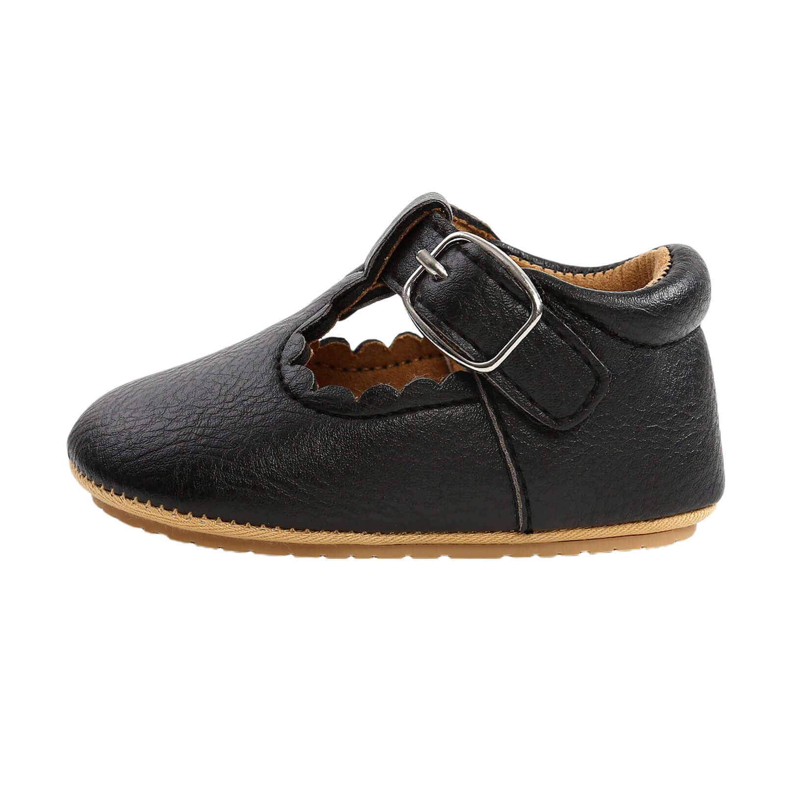 Vintage T-Bar Baby Shoes | Black vegan leather with velcro fastening (side view) - Lulu Babe