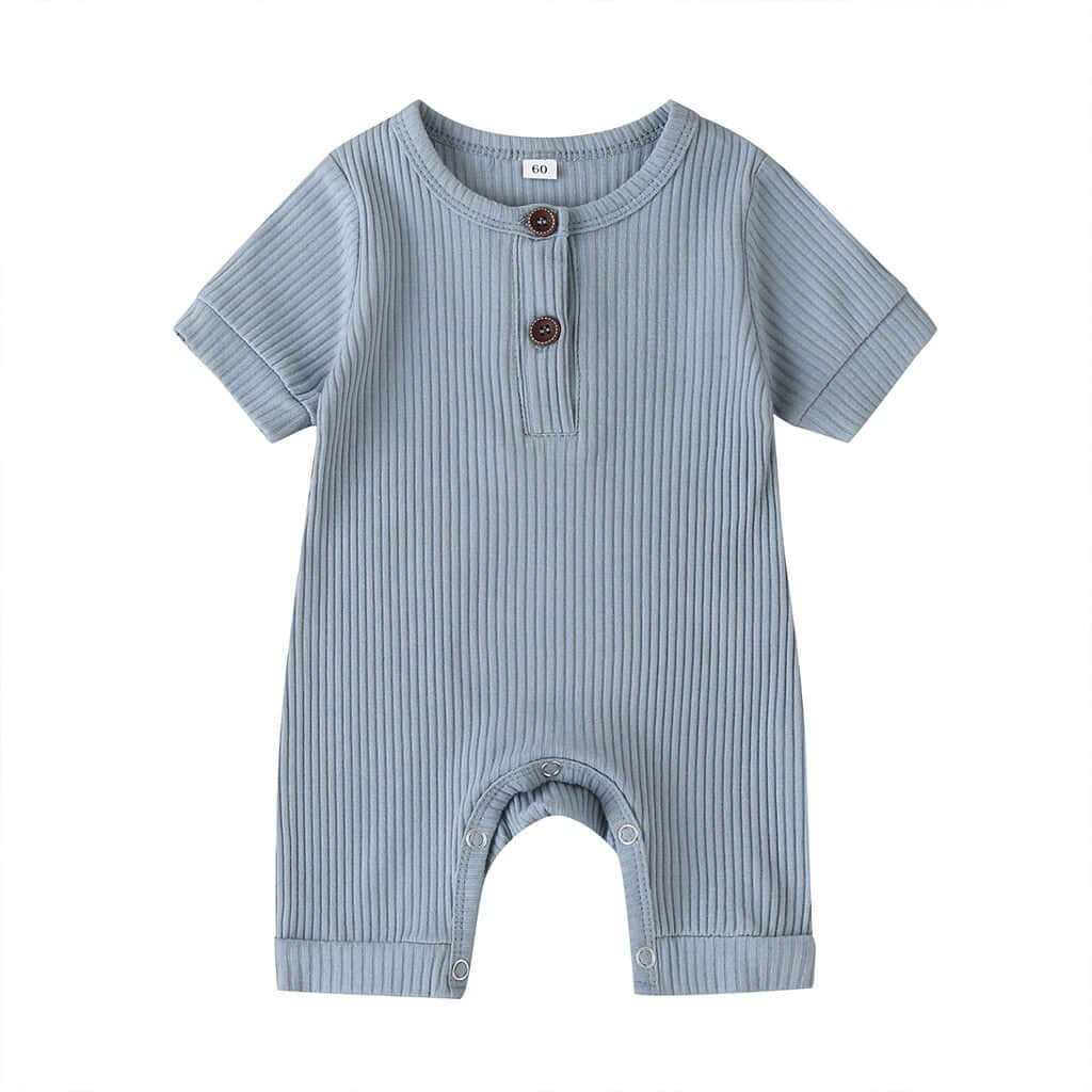 Light blue ribbed baby boy romper with button detail and short sleeves
