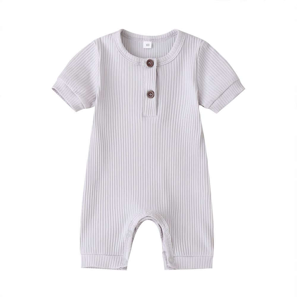 Baby boy short sleeve romper in light grey ribbed fabric with wooden button closure