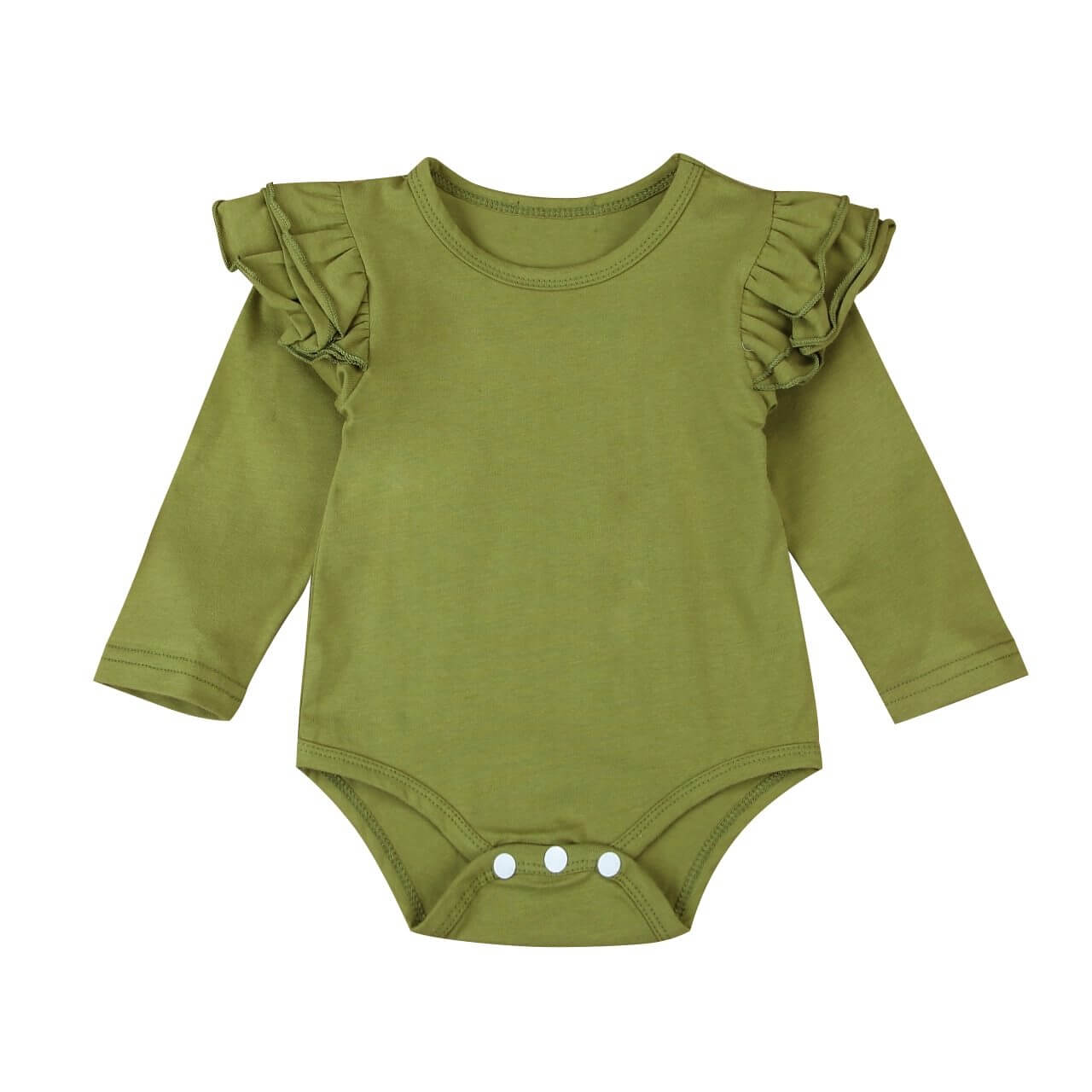 Long sleeve green baby bodysuit with flutter ruffle sleeves