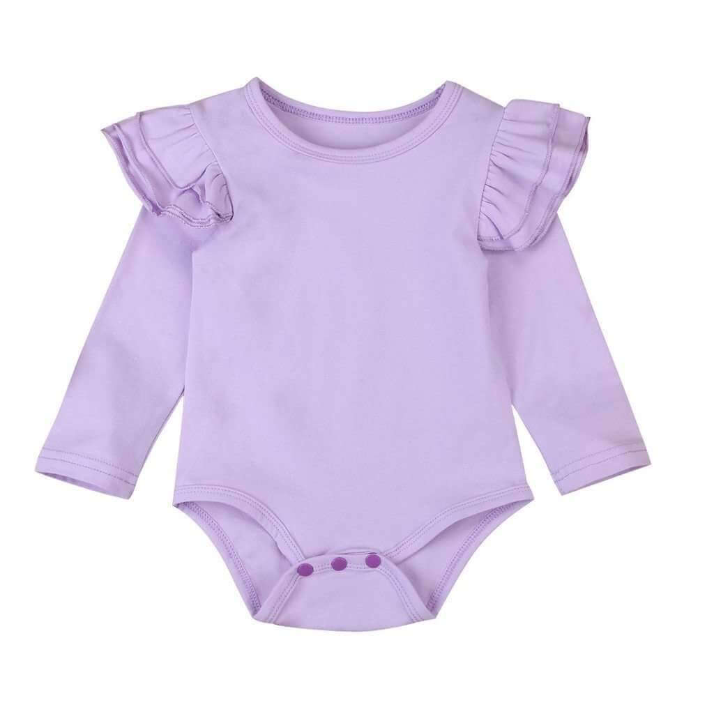 Long sleeve lavender baby bodysuit with flutter ruffle sleeves