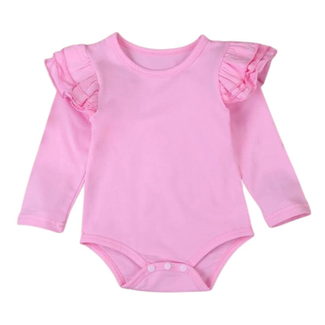 Long sleeve pink baby bodysuit with flutter ruffle sleeves