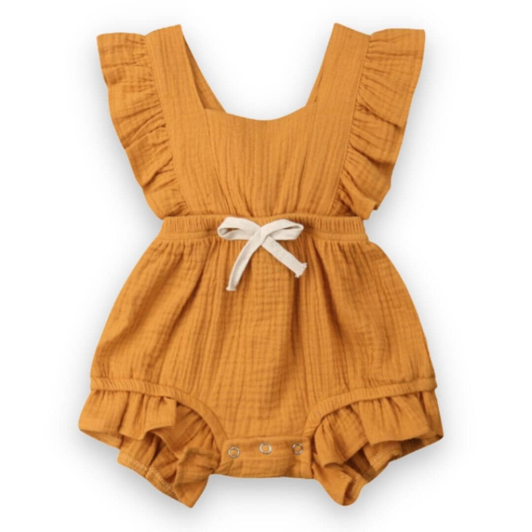 Willow ruffle baby girl romper in mustard