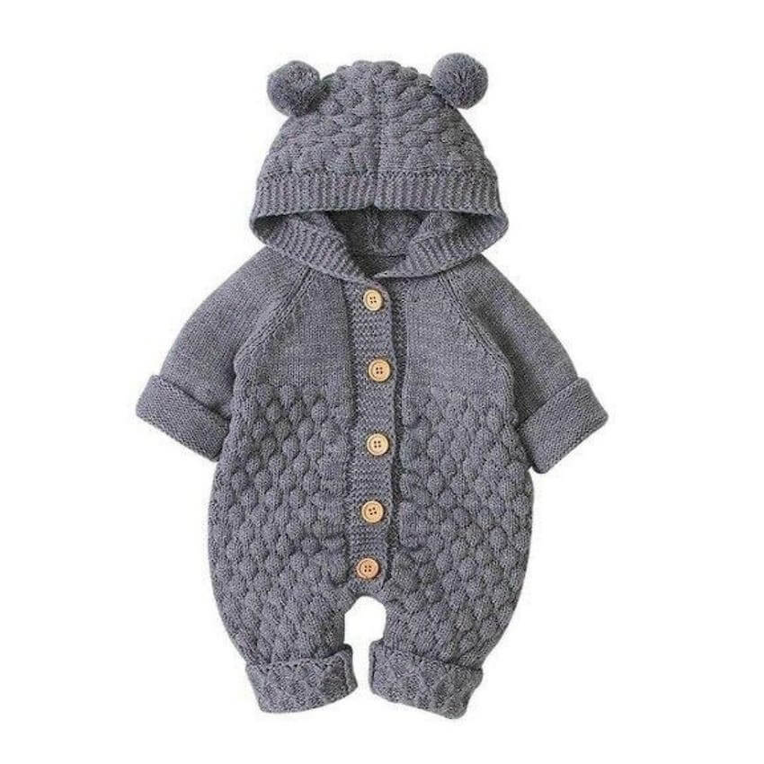 Grey knit baby romper with hooded bear ears and wooden button closure